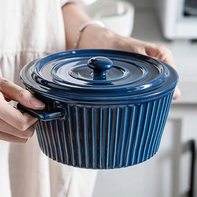 Vida Ceramic Fluted Serving Pot with Lid - Navy
