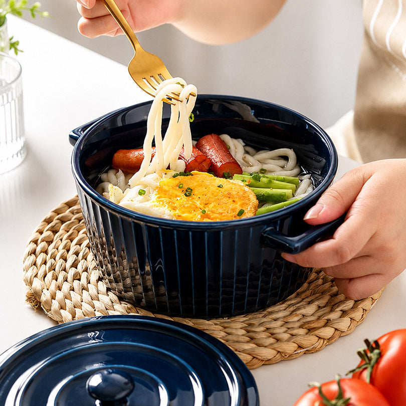 Vida Ceramic Fluted Serving Pot with Lid - Navy