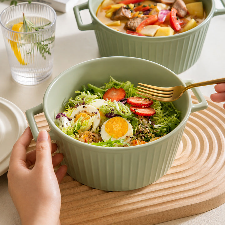 Vida Ceramic Fluted Serving Pot with Lid - Sage