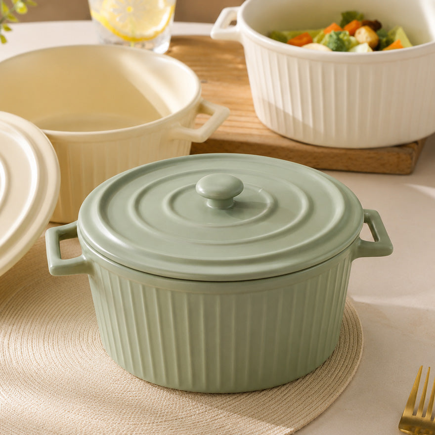 Vida Ceramic Fluted Serving Pot with Lid - Sage