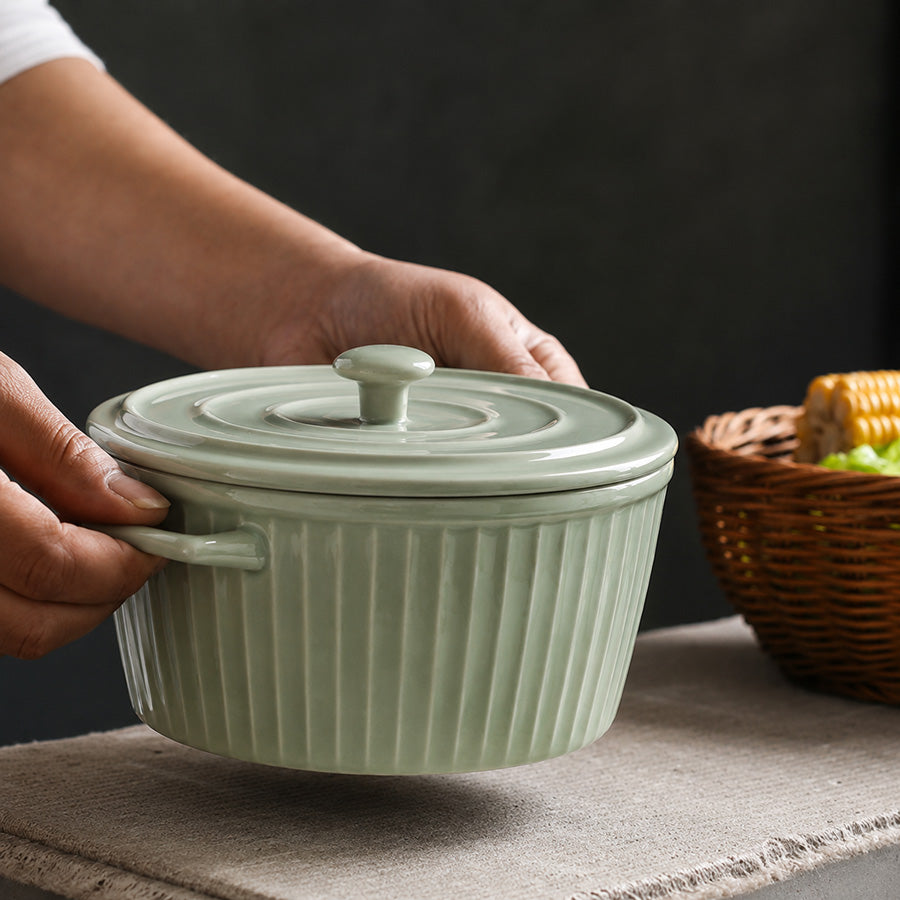 Vida Ceramic Fluted Serving Pot with Lid - Sage