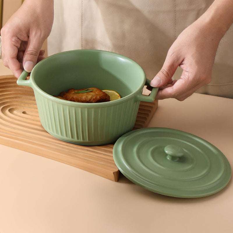 Vida Ceramic Fluted Serving Pot with Lid - Sage