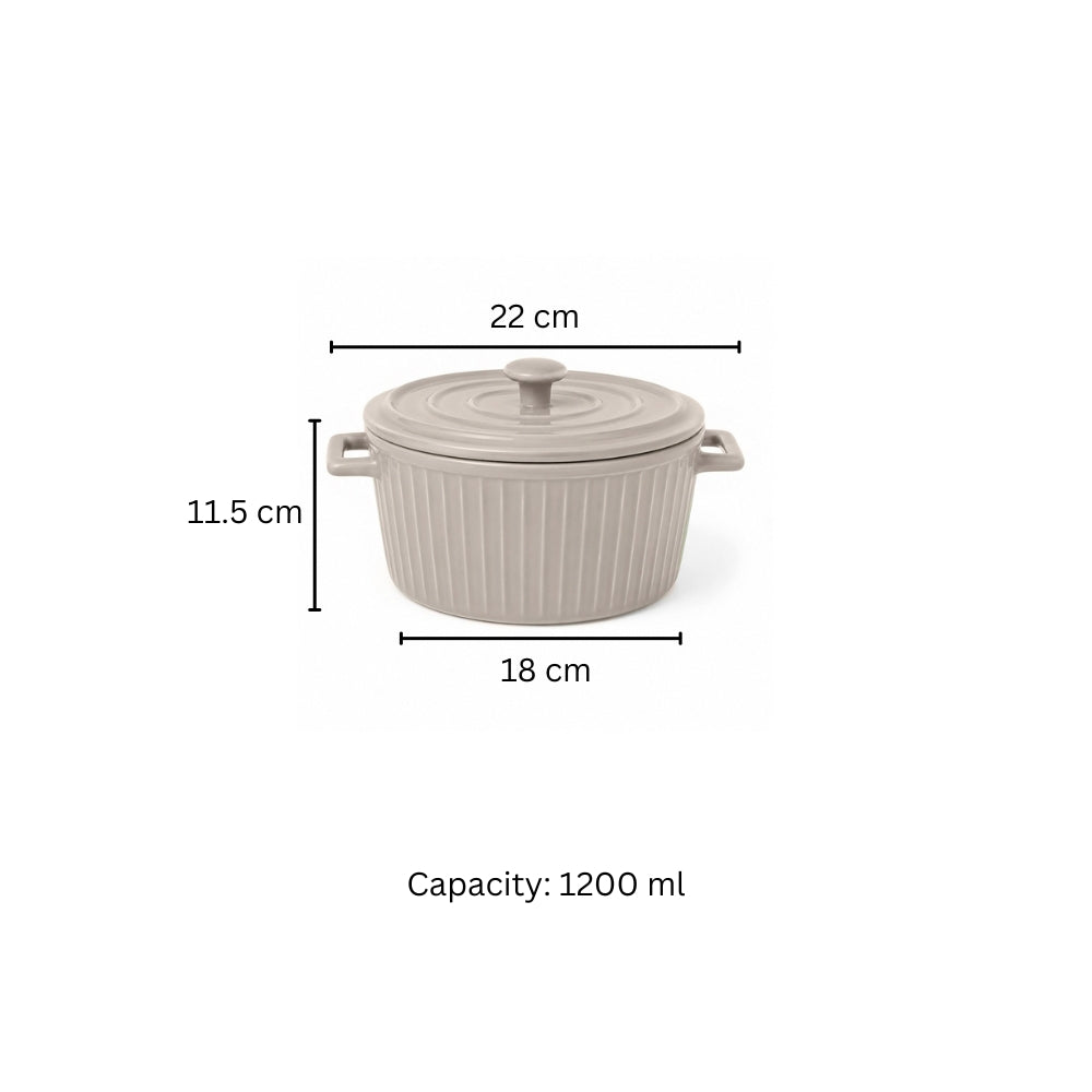 Vida Ceramic Fluted Serving Pot with Lid - Beige