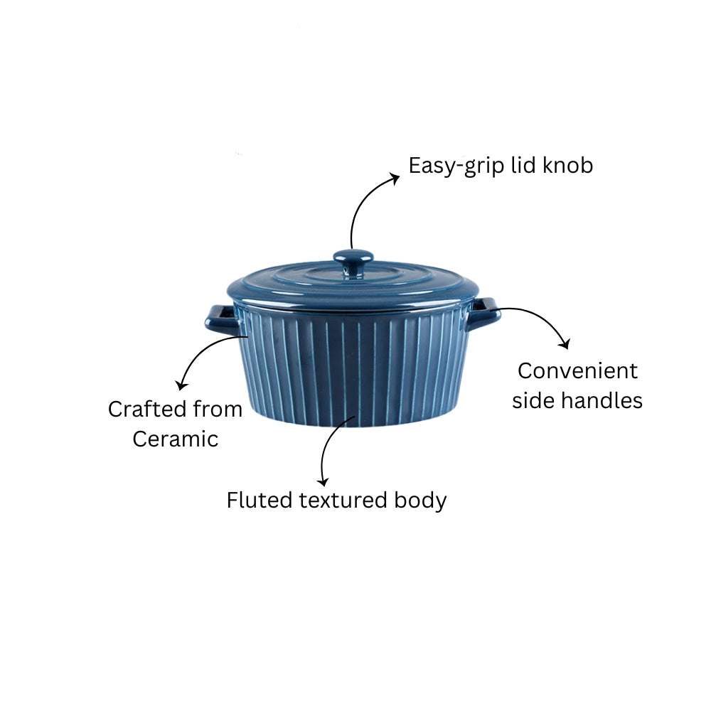 Vida Ceramic Fluted Serving Pot with Lid - Navy