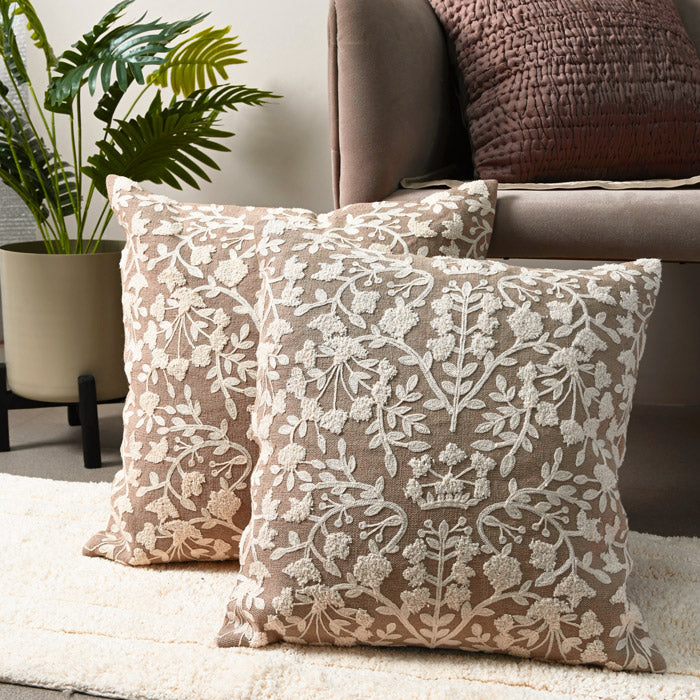 Vine Cotton and Jute Textured Cushion Cover 45x45cm - Beige White