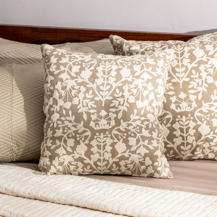 Vine Cotton and Jute Textured Cushion Cover 50x50cm - Beige White