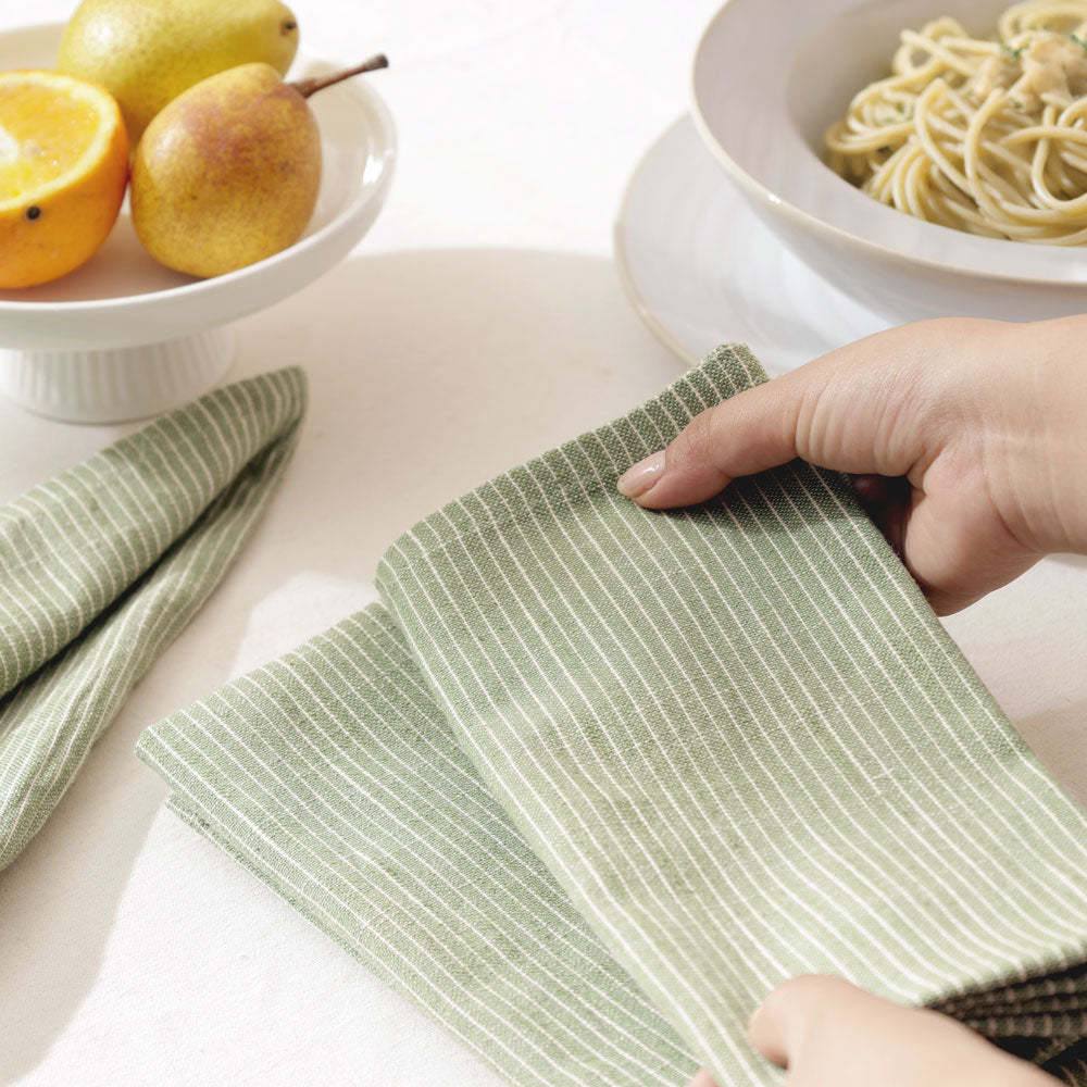 Viria Cotton Dinner Napkins Large, Set of 6 - Green White