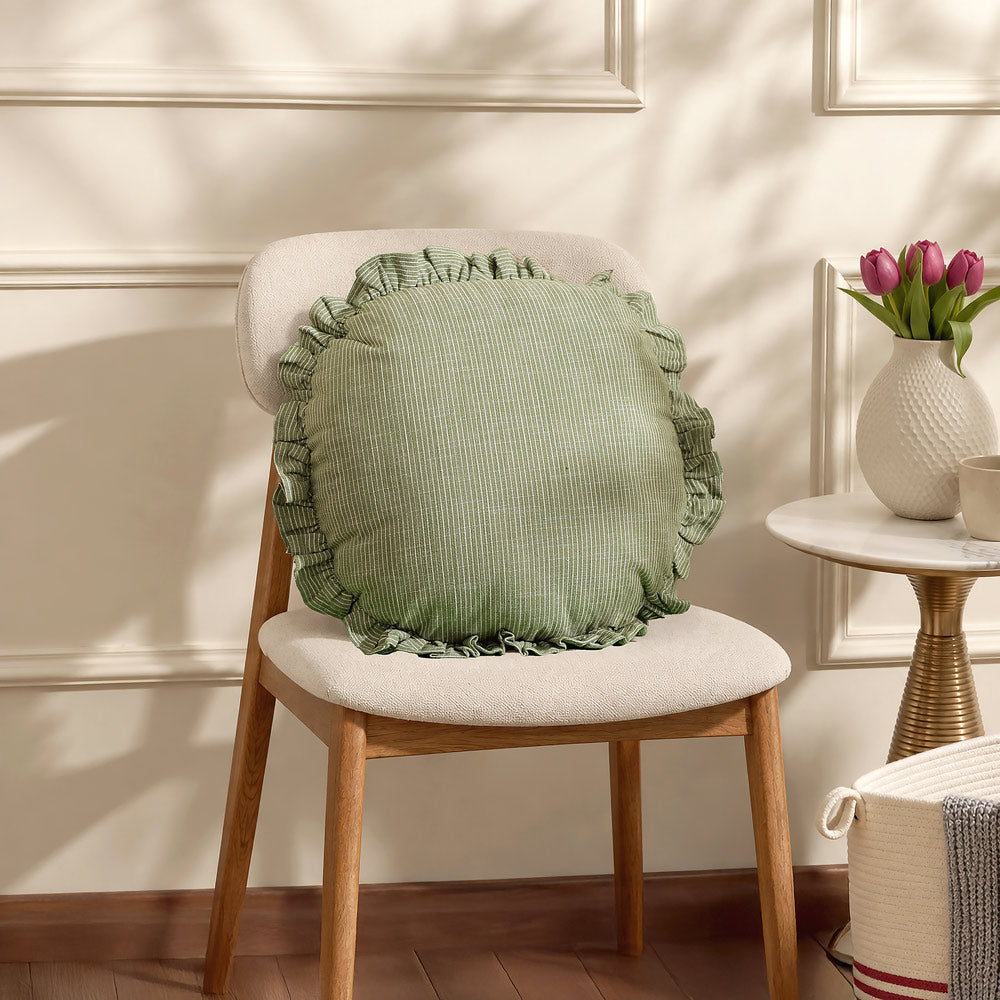 Viria Round Frilled Cushion Cover 45cm - Green White