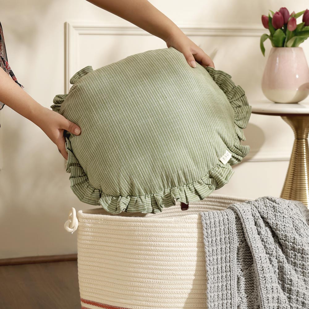 Viria Round Frilled Cushion Cover 45cm - Green White