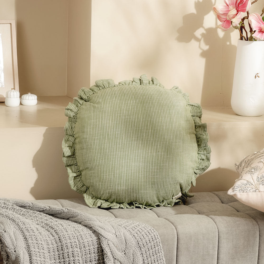 Viria Round Frilled Cushion Cover 45cm - Green White
