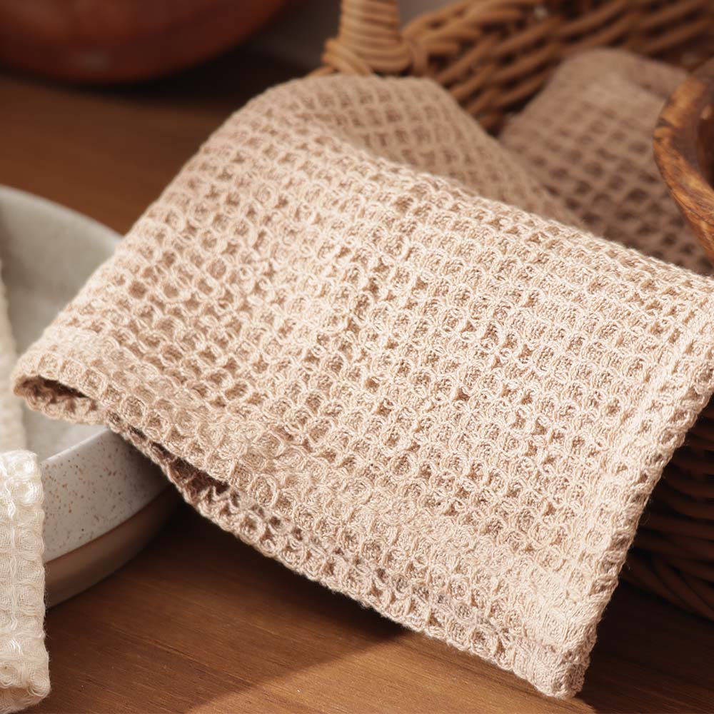 Waffle Kitchen Towels Small, Set of 2 - Ivory Tan