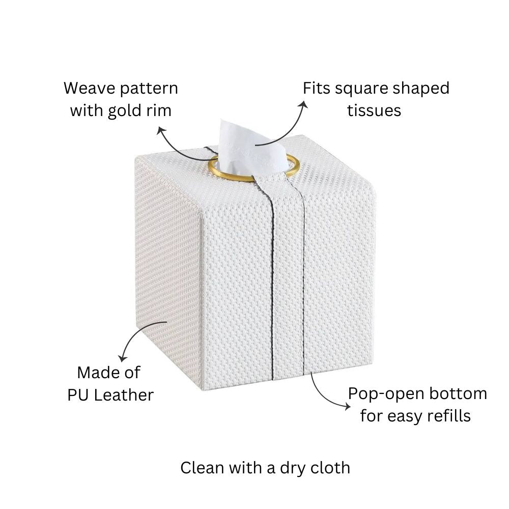 Weave Square Tissue Box Holder - White & Gold