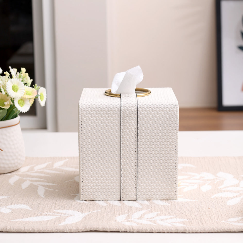 Weave Square Tissue Box Holder - White & Gold
