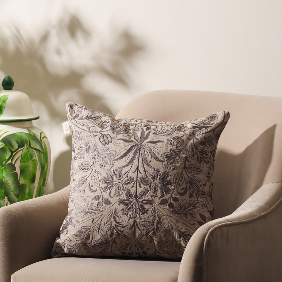 Wildflower Embroidered Cotton Cushion Cover - Grey