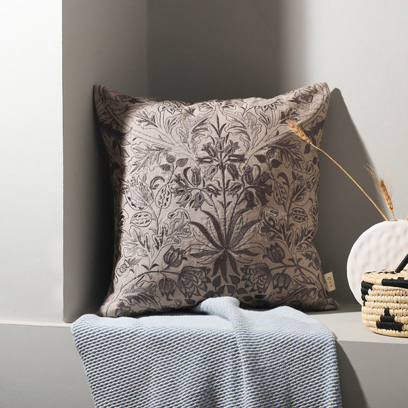 Wildflower Embroidered Cotton Cushion Cover - Grey