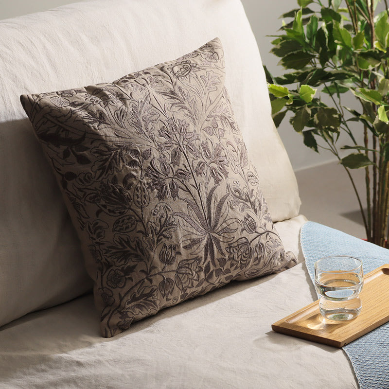 Wildflower Embroidered Cotton Cushion Cover - Grey