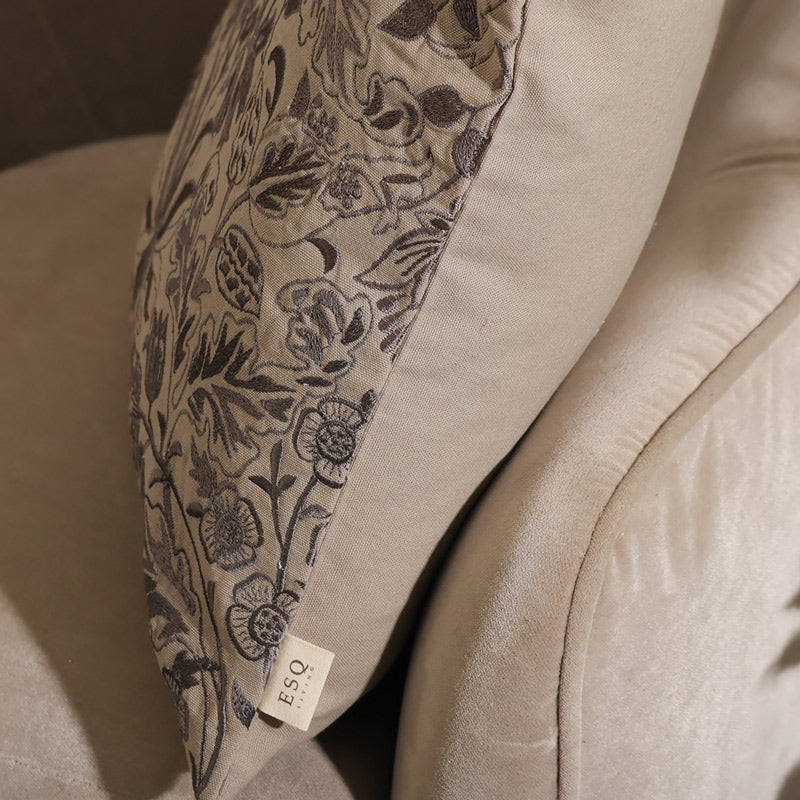 Wildflower Embroidered Cotton Cushion Cover - Grey