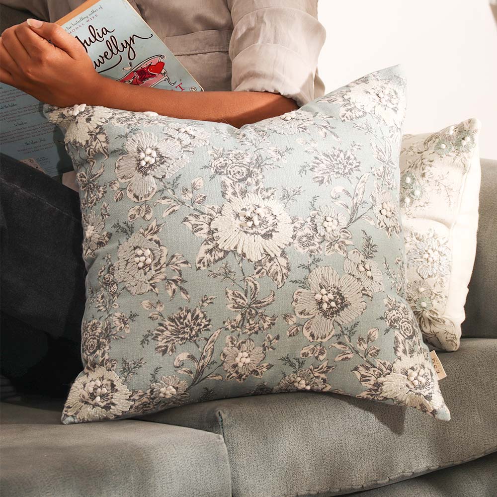 Windflower Printed & Embroidered Cotton Cushion Cover 45x45cm - Grey Blue