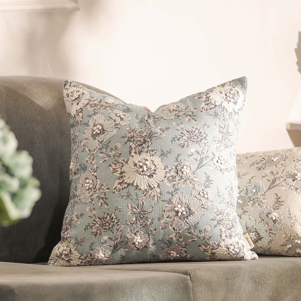 Windflower Printed & Embroidered Cotton Cushion Cover 45x45cm - Grey Blue