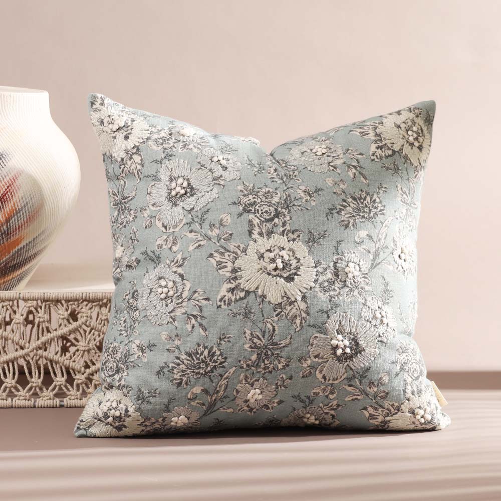 Windflower Printed & Embroidered Cotton Cushion Cover 45x45cm - Grey Blue
