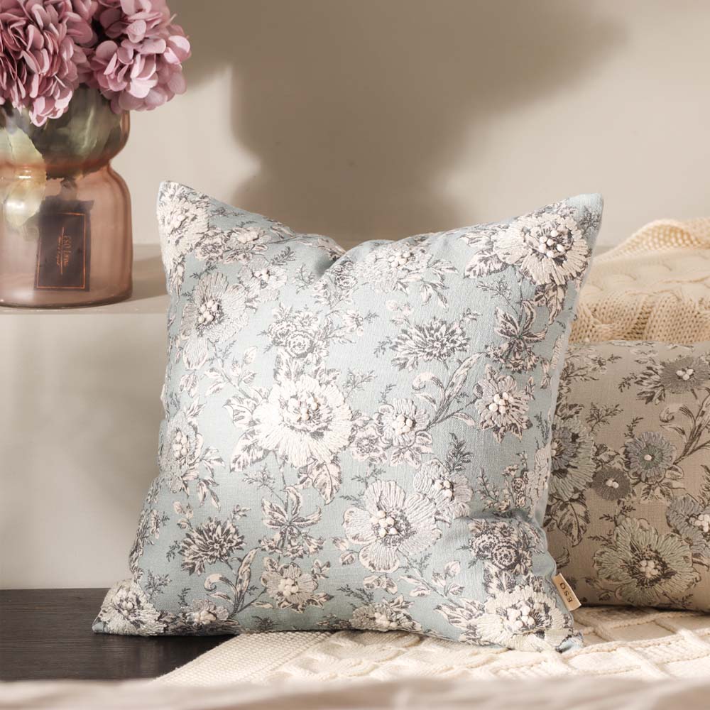 Windflower Printed & Embroidered Cotton Cushion Cover 45x45cm - Grey Blue