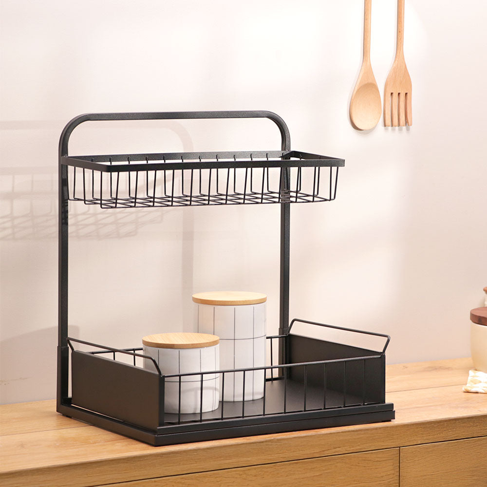 Wire 2-Tier Shelf with Sliding Tray - Black