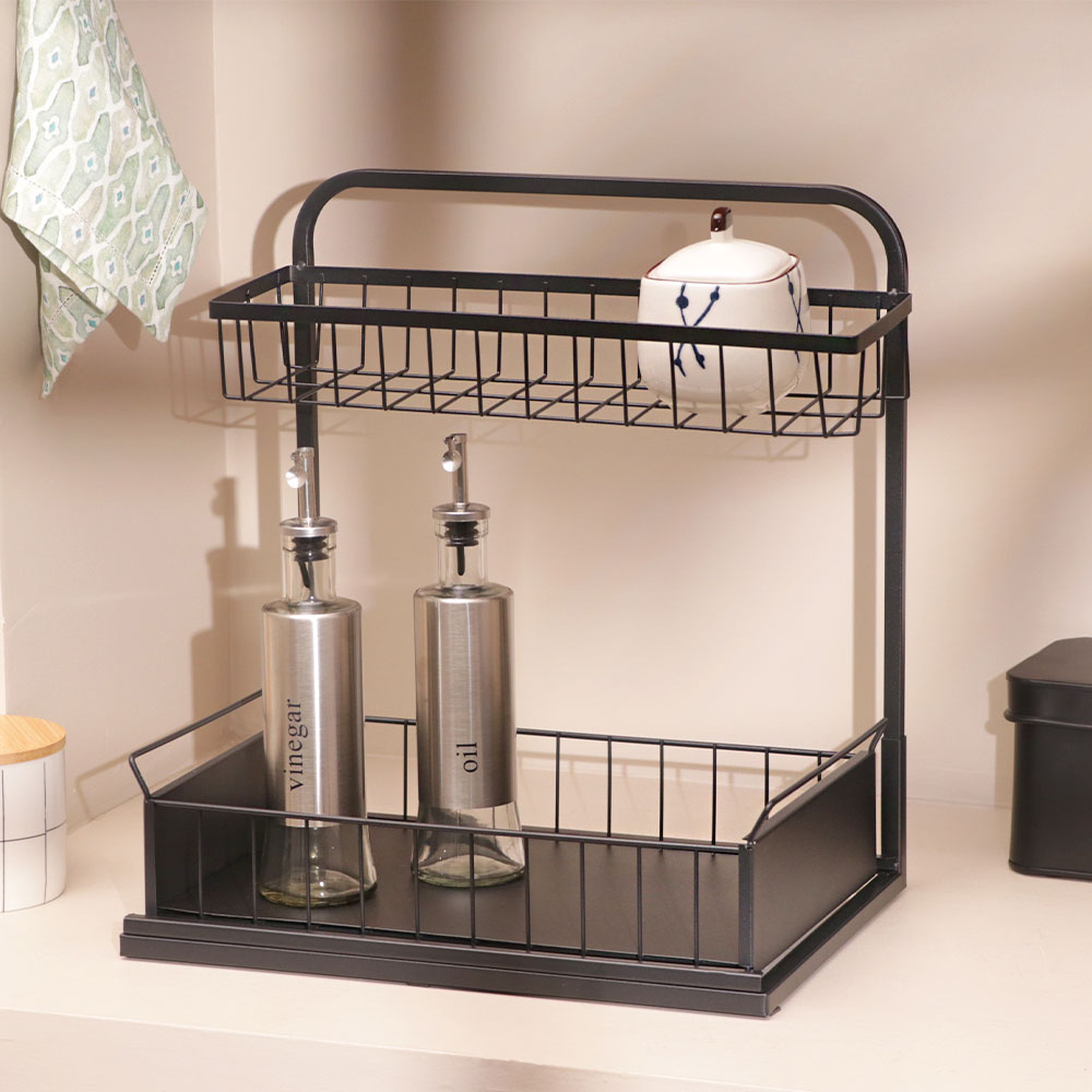 Wire 2-Tier Shelf with Sliding Tray - Black