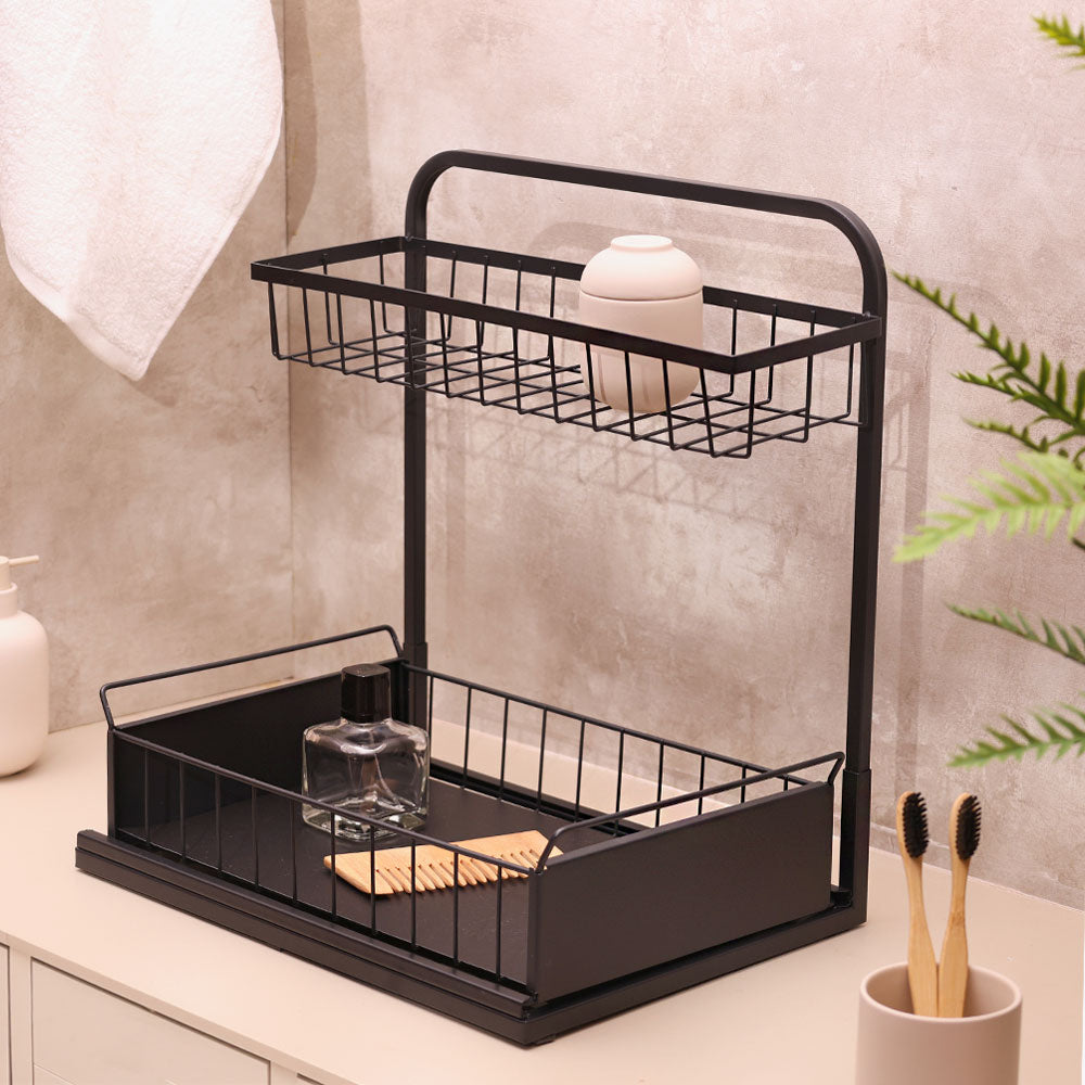 Wire 2-Tier Shelf with Sliding Tray - Black