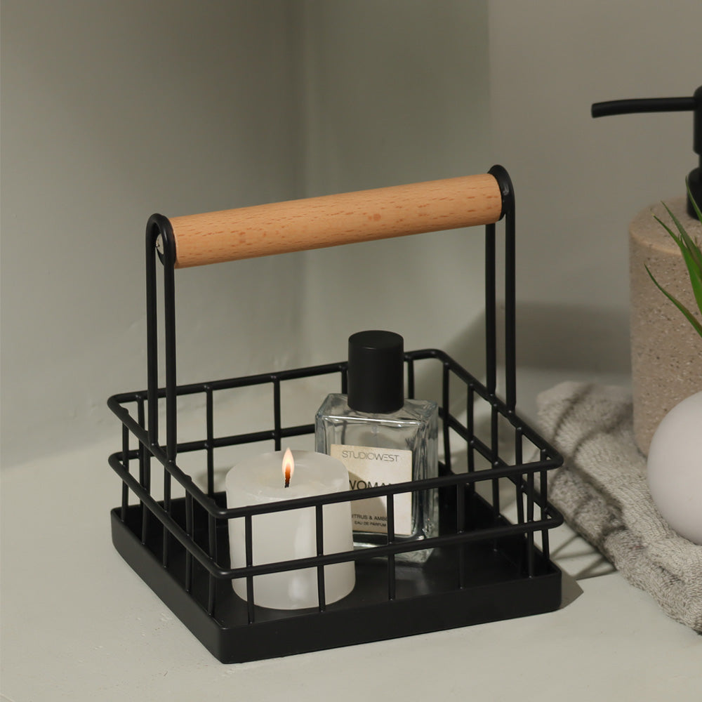 Wire Condiment Caddy with Wooden Handle - Black