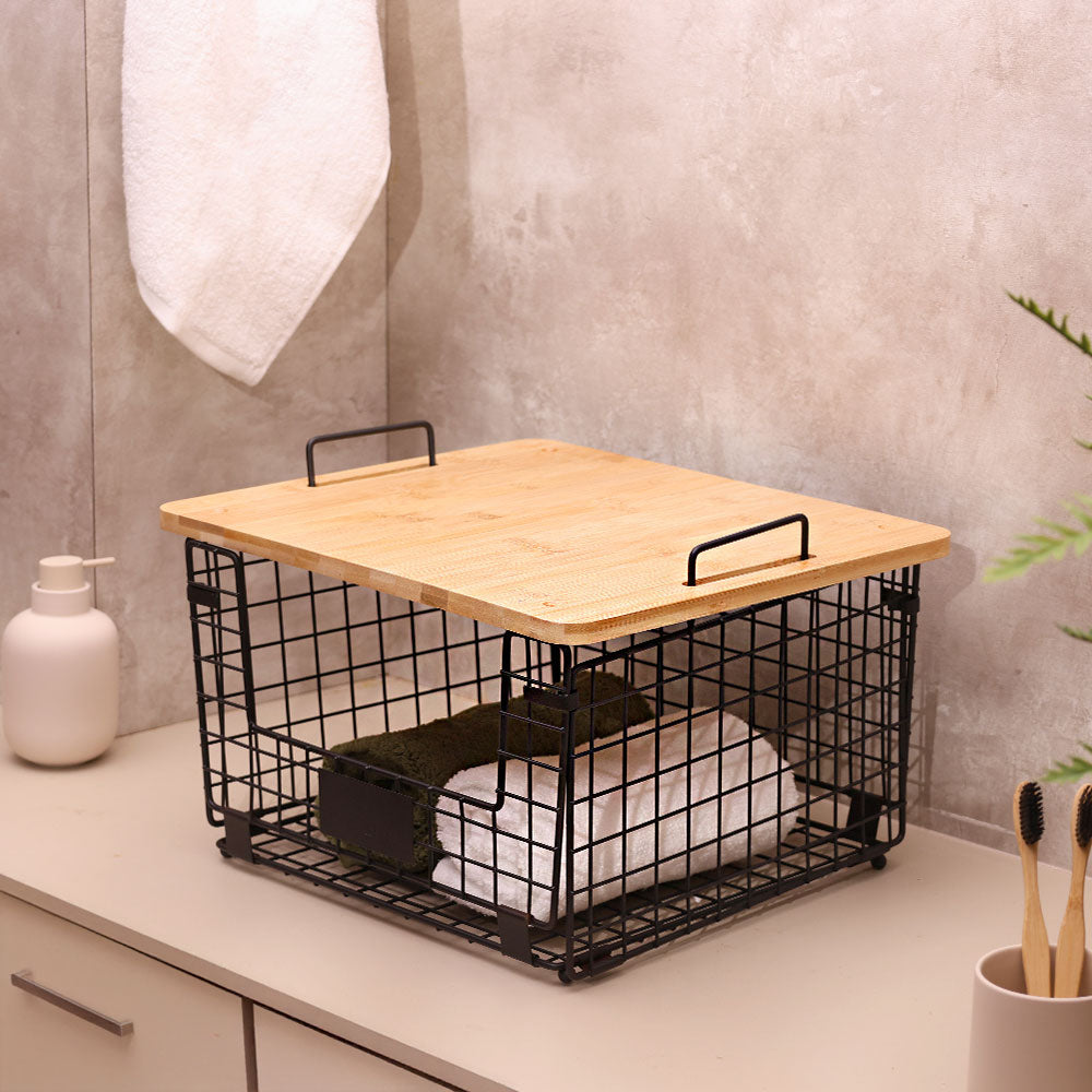 Wire Stackable Storage Bin with Lid - Black Natural