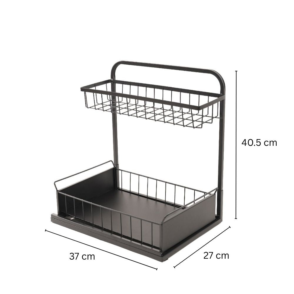 Wire 2-Tier Shelf with Sliding Tray - Black