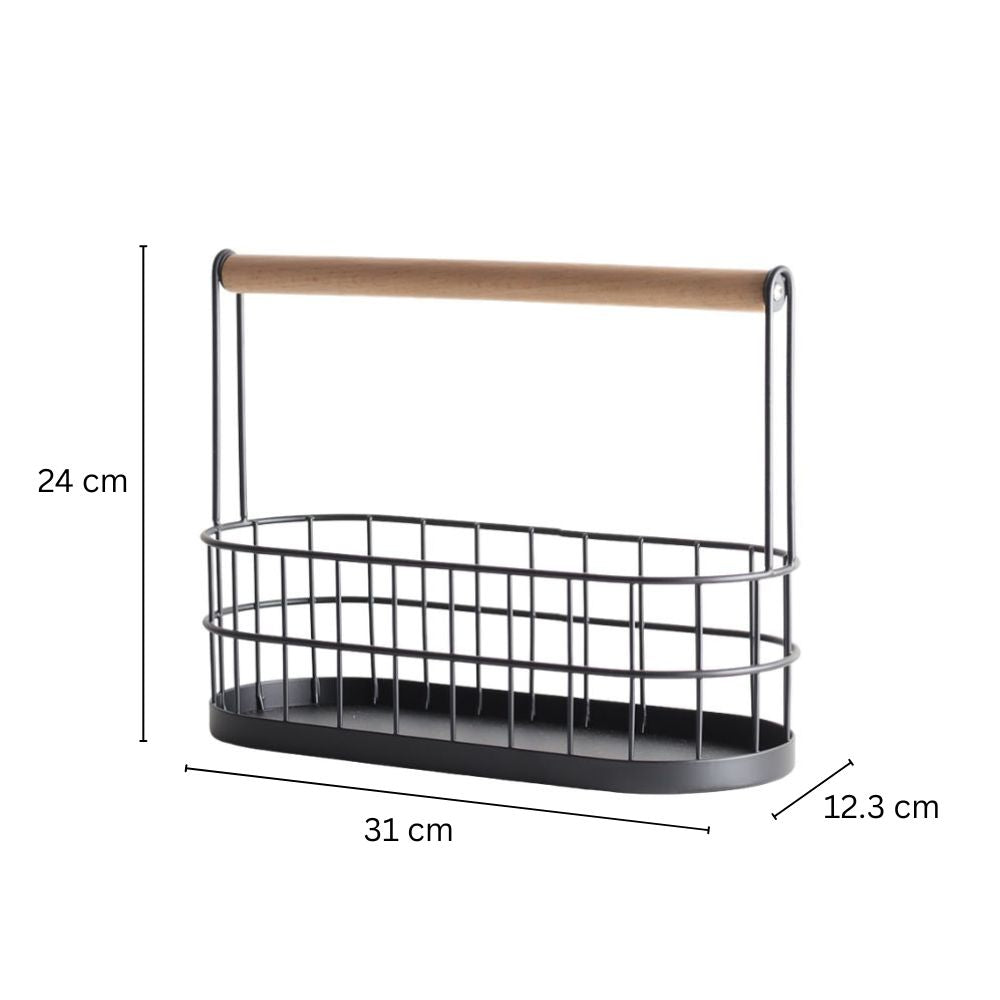 Wire Oval Caddy with Wooden Handle - Black