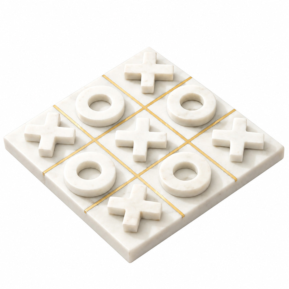 Xs and Os Marble & Brass Tabletop Game Medium - White Gold