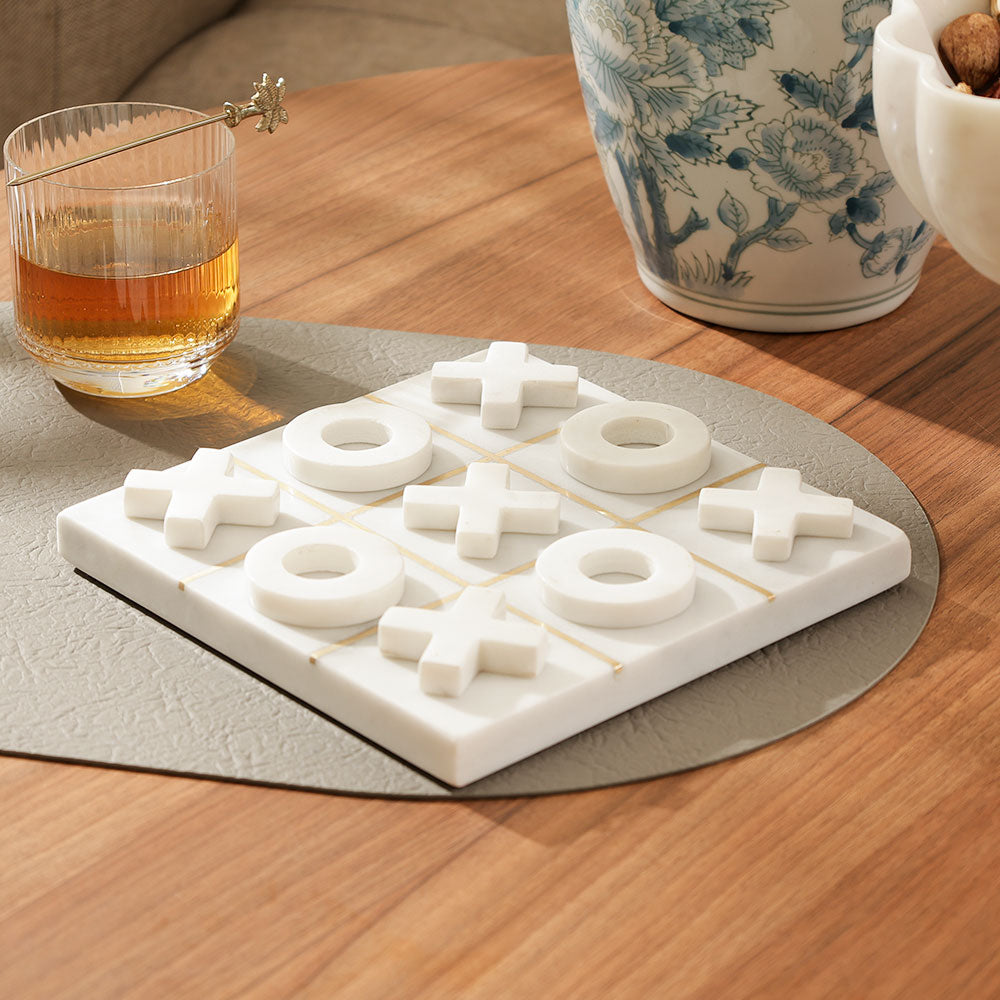 Xs and Os Marble & Brass Tabletop Game Medium - White Gold