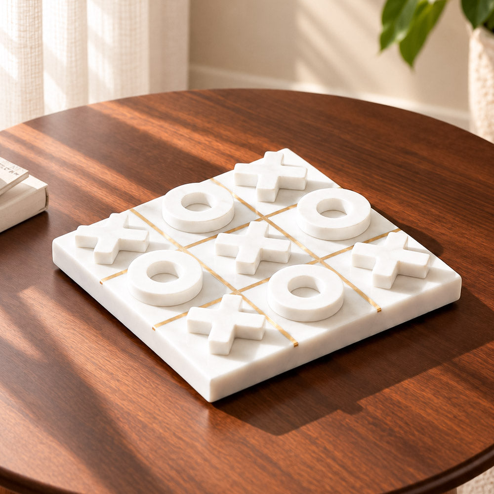 Xs and Os Marble & Brass Tabletop Game Medium - White Gold