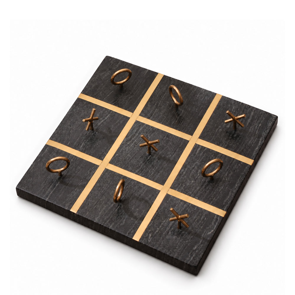 Xs and Os Marble & Brass Tabletop Game Large - Black Gold