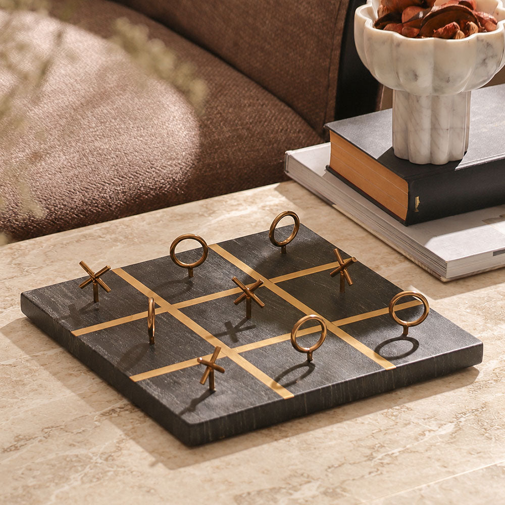 Xs and Os Marble & Brass Tabletop Game Large - Black Gold