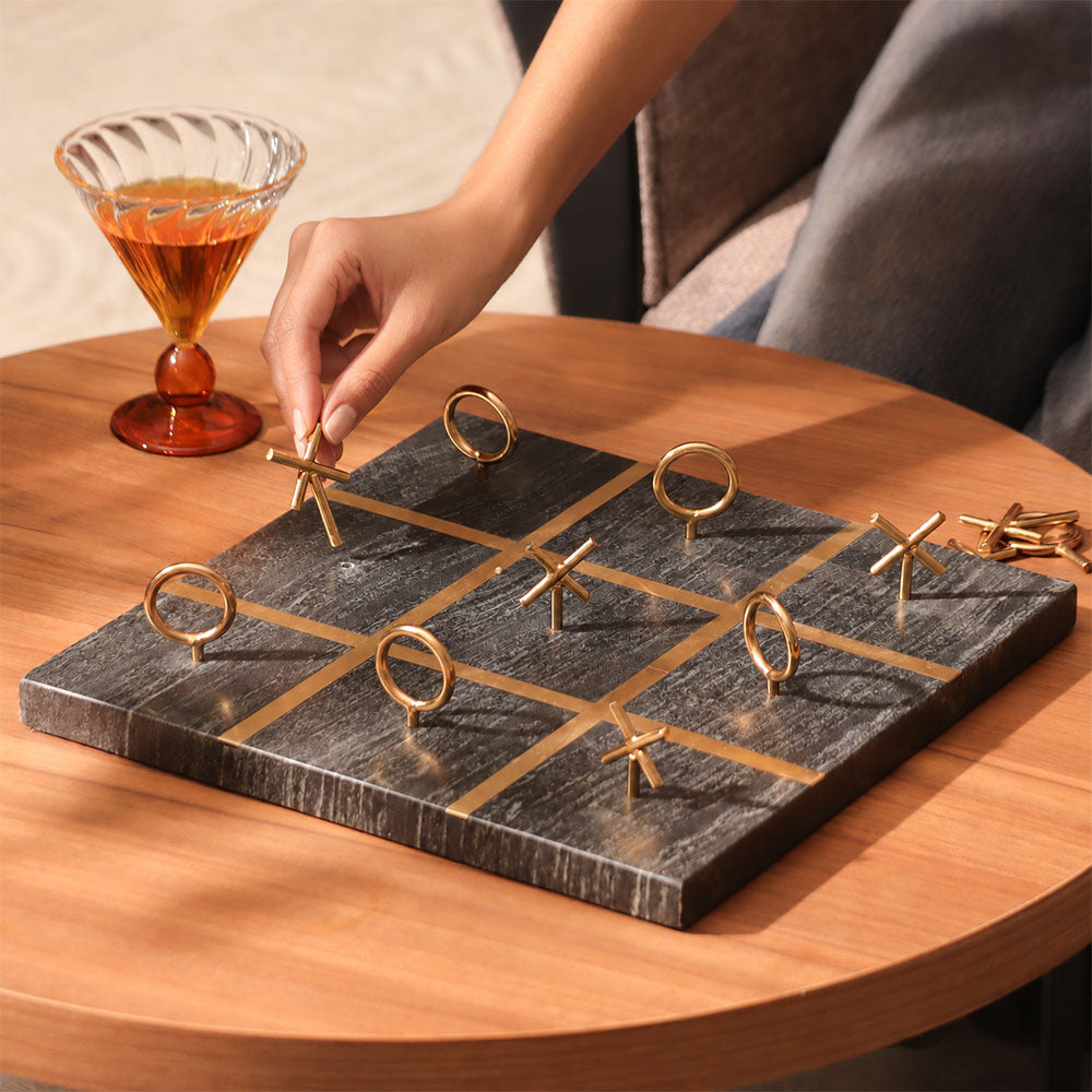 Xs and Os Marble & Brass Tabletop Game Large - Black Gold