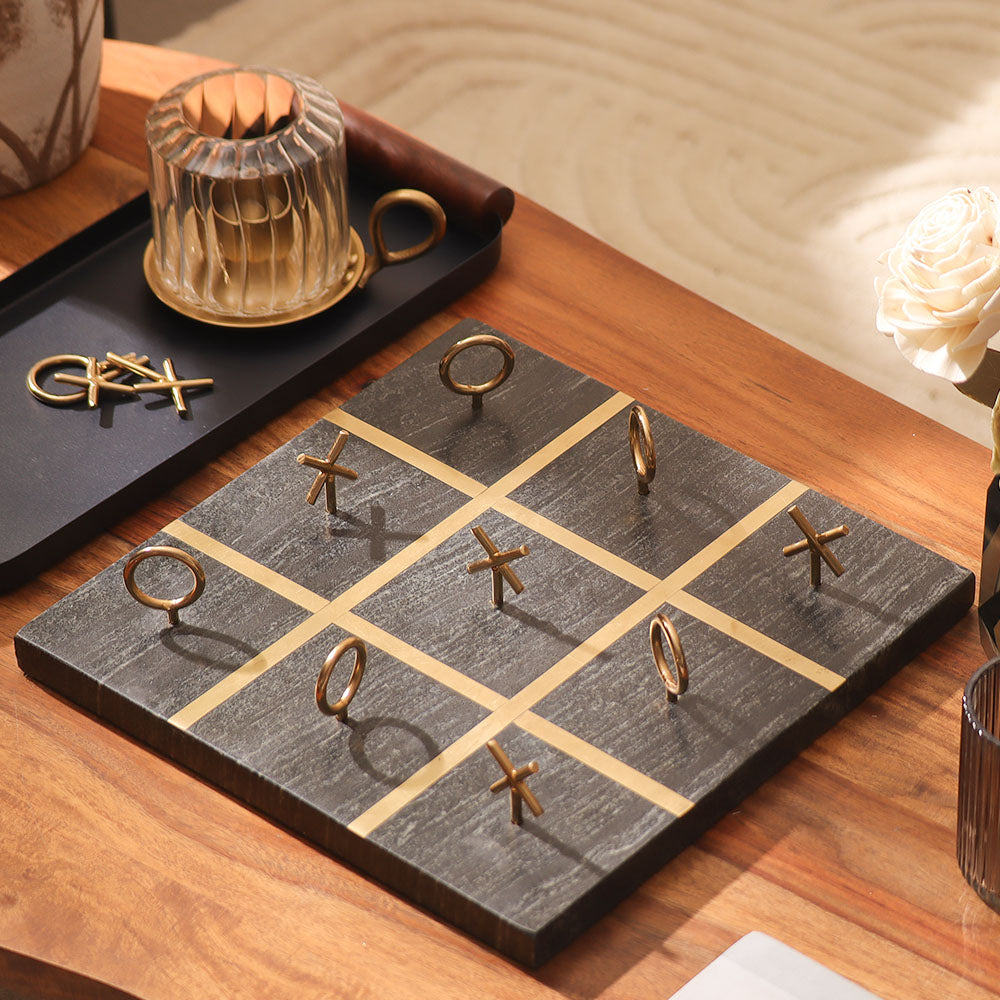 Xs and Os Marble & Brass Tabletop Game Large - Black Gold