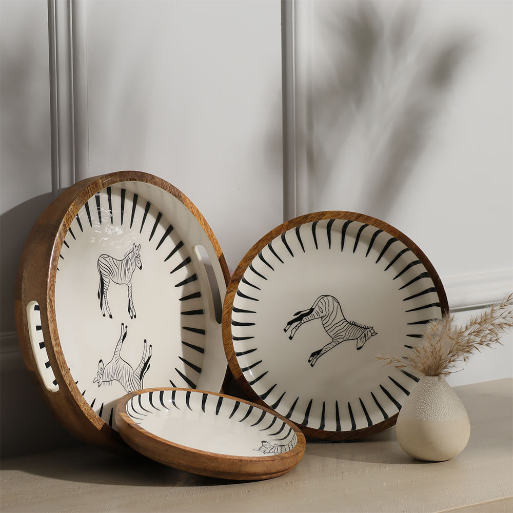 Zebra Wooden Round Serving Plate Medium - White Black