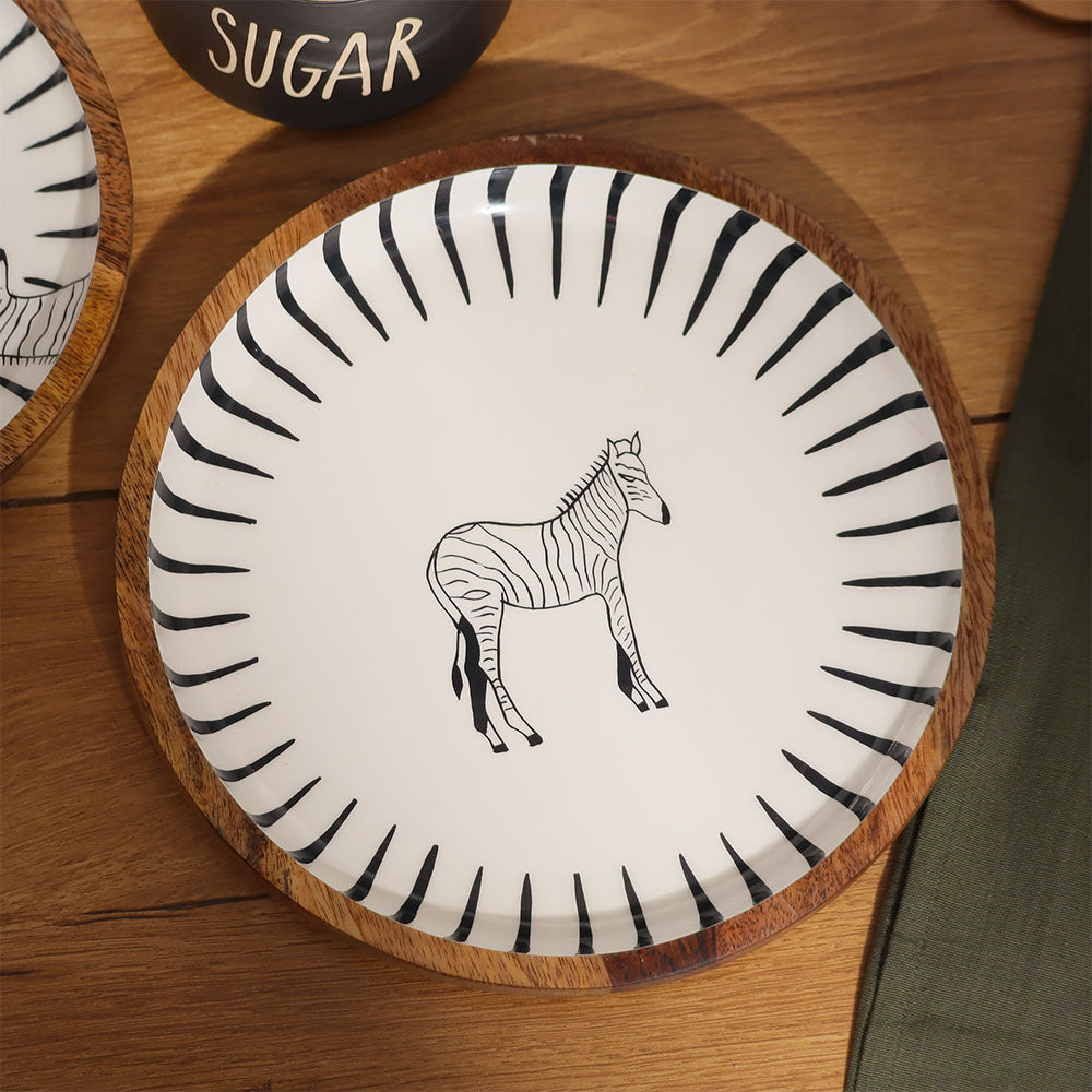 Zebra Wooden Round Serving Plate Medium - White Black