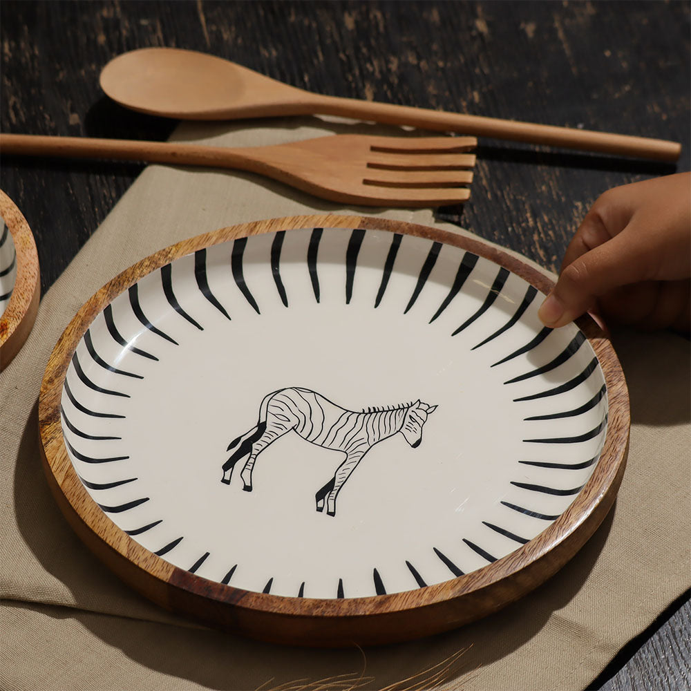 Zebra Wooden Round Serving Plate Medium - White Black