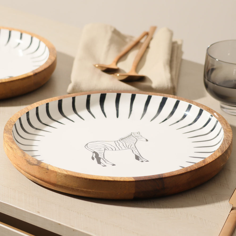 Zebra Wooden Round Serving Plate Medium - White Black