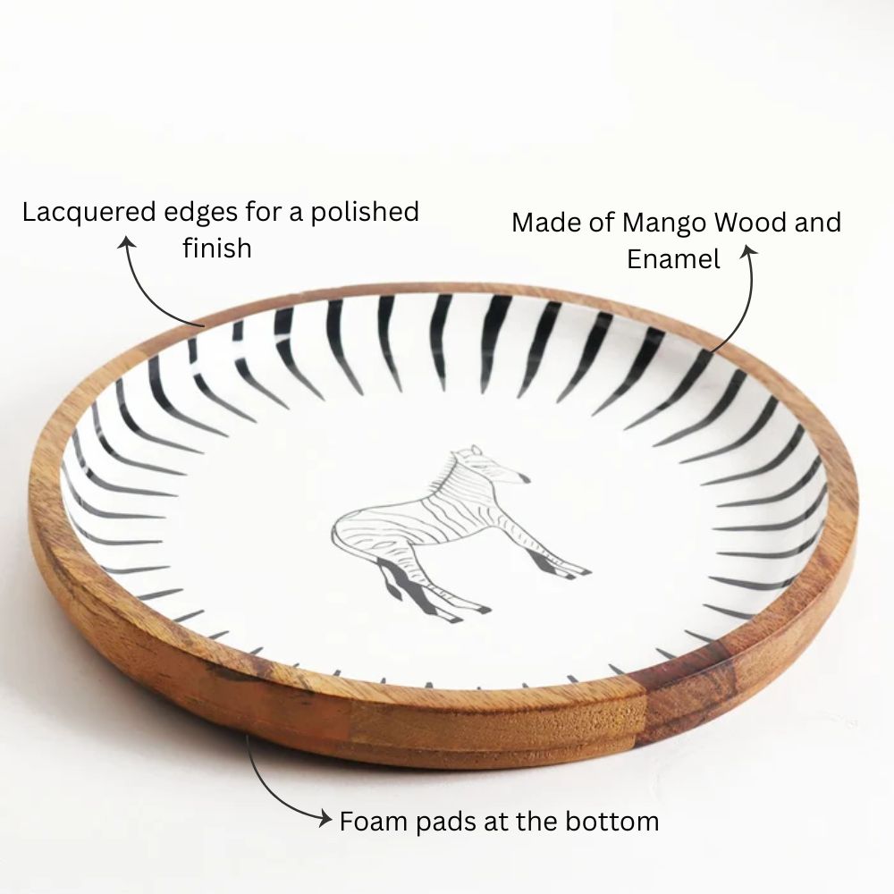 Zebra Wooden Round Serving Plate Medium - White Black