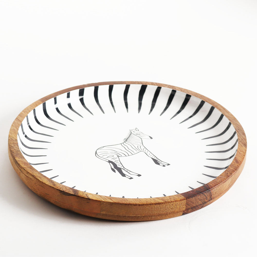 Zebra Wooden Round Serving Plate Medium - White Black