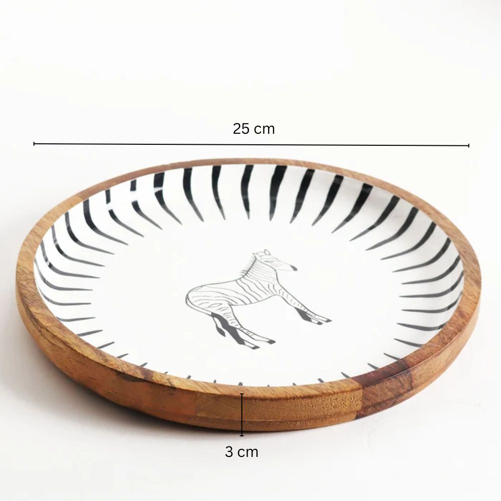 Zebra Wooden Round Serving Plate Medium - White Black