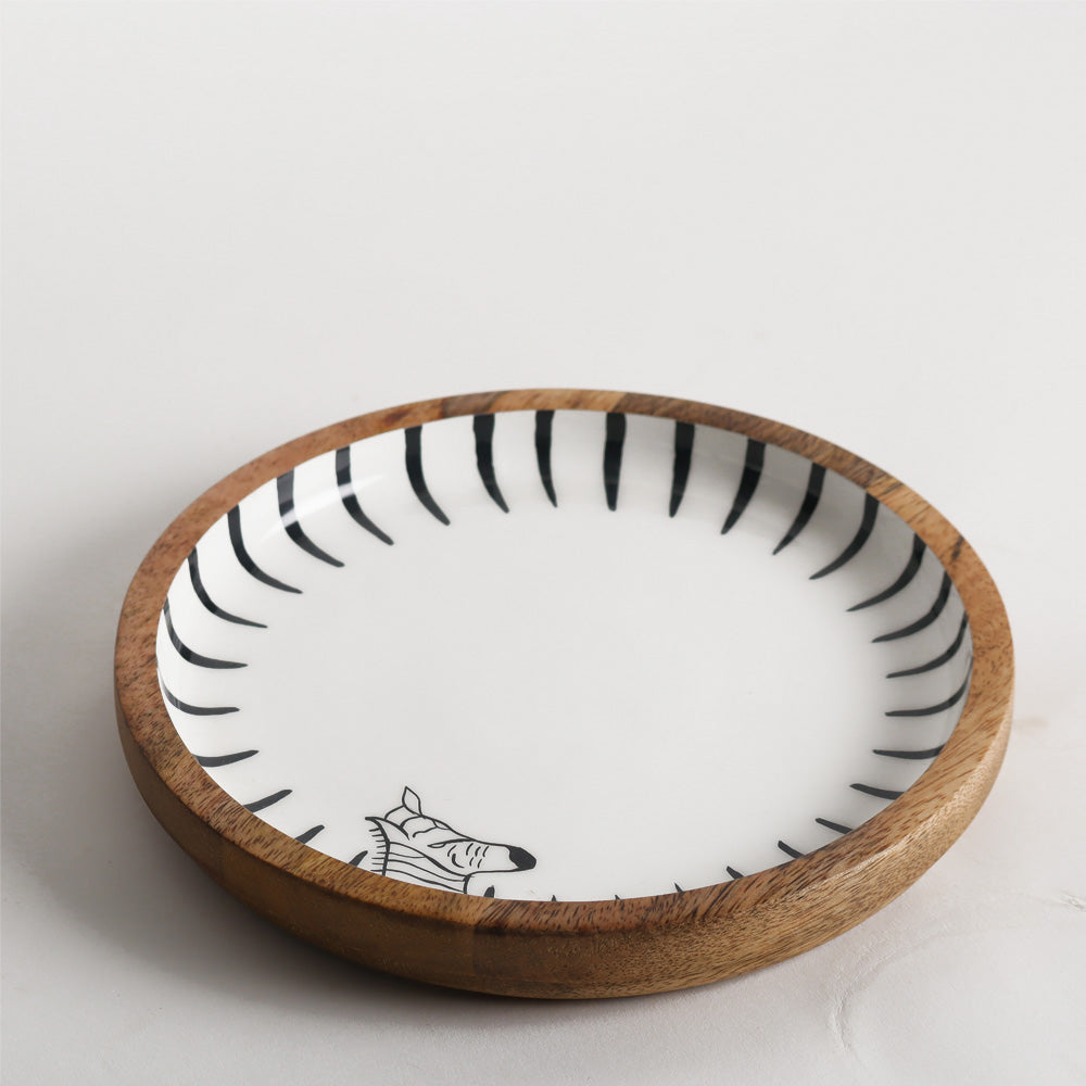 Zebra Wooden Round Serving Plate Small  - White Black