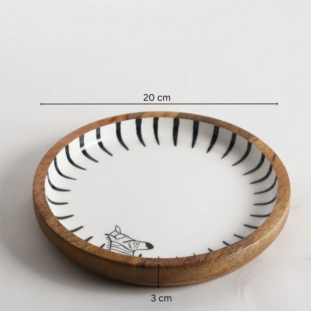 Zebra Wooden Round Serving Plate Small - White Black