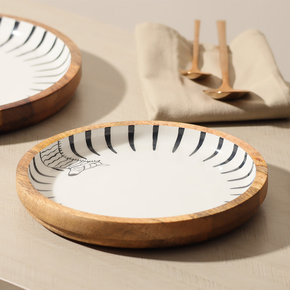 Zebra Wooden Round Serving Plate Small  - White Black