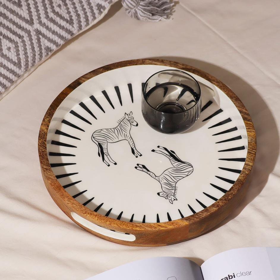 Zebra Wooden Round Tray Medium - White Black